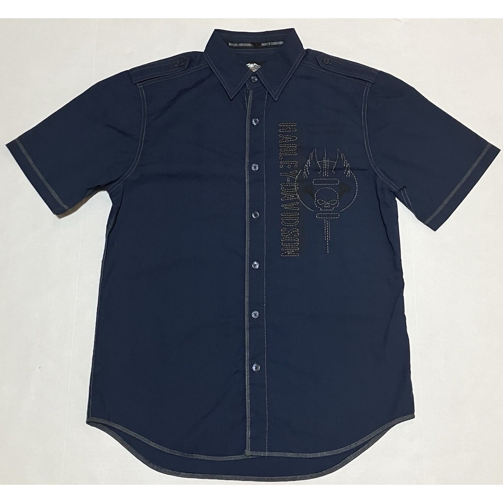 Harley Davidson Shirt Mens Size Medium Navy Embroidered Short Sleeve Button Up‎